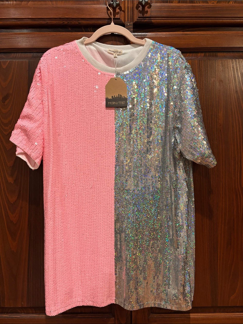 Main Strip Pink and Silver Sequin Short-Sleeve Tee